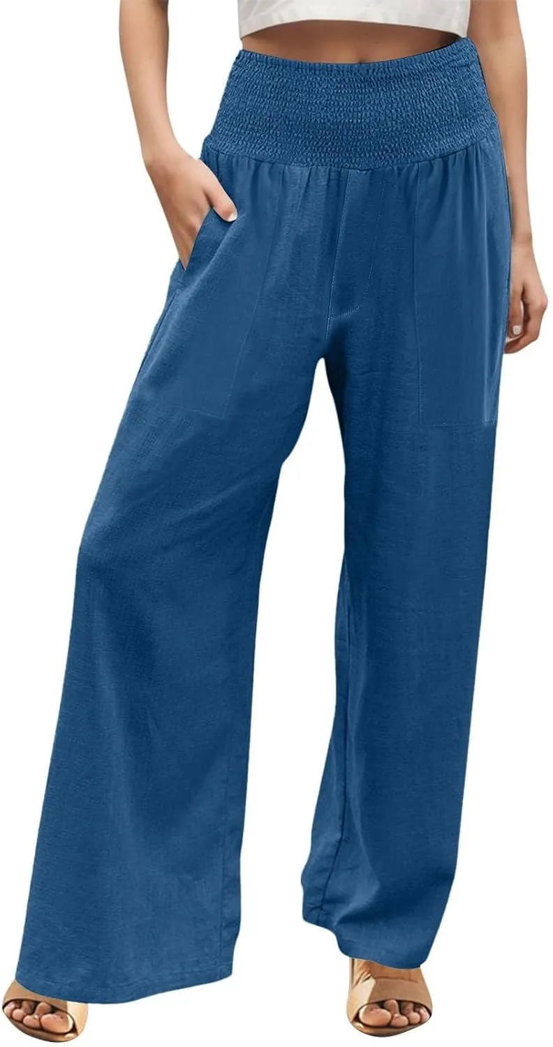 GOFULY Wide Leg Pants for Women Cotton Linen 2025 Summer Elastic Waist Palazzo Pants High Waisted Pocket Baggy Solid Clothes