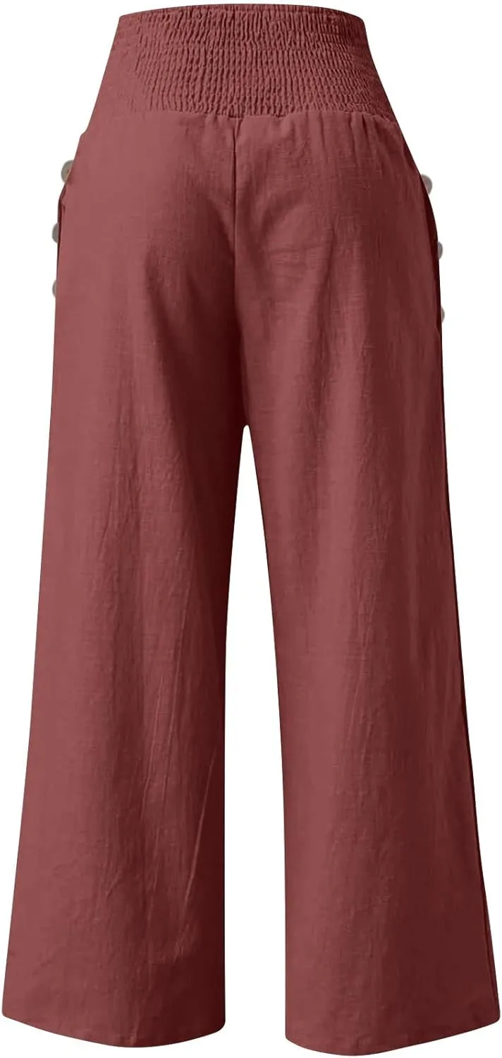 GOFULY Wide Leg Pants for Women Cotton Linen 2025 Summer Elastic Waist Palazzo Pants High Waisted Pocket Baggy Solid Clothes
