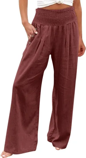 GOFULY Wide Leg Pants for Women Cotton Linen 2025 Summer Elastic Waist Palazzo Pants High Waisted Pocket Baggy Solid Clothes