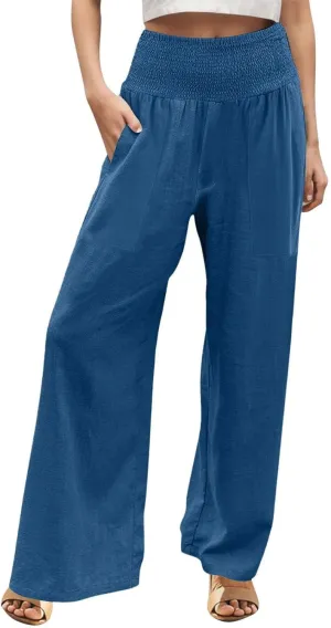 GOFULY Wide Leg Pants for Women Cotton Linen 2025 Summer Elastic Waist Palazzo Pants High Waisted Pocket Baggy Solid Clothes