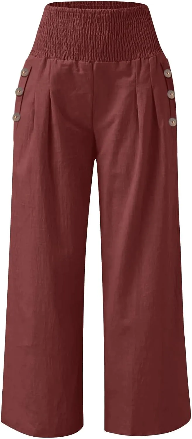 GOFULY Wide Leg Pants for Women Cotton Linen 2025 Summer Elastic Waist Palazzo Pants High Waisted Pocket Baggy Solid Clothes