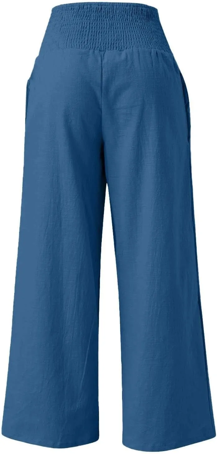 GOFULY Wide Leg Pants for Women Cotton Linen 2025 Summer Elastic Waist Palazzo Pants High Waisted Pocket Baggy Solid Clothes