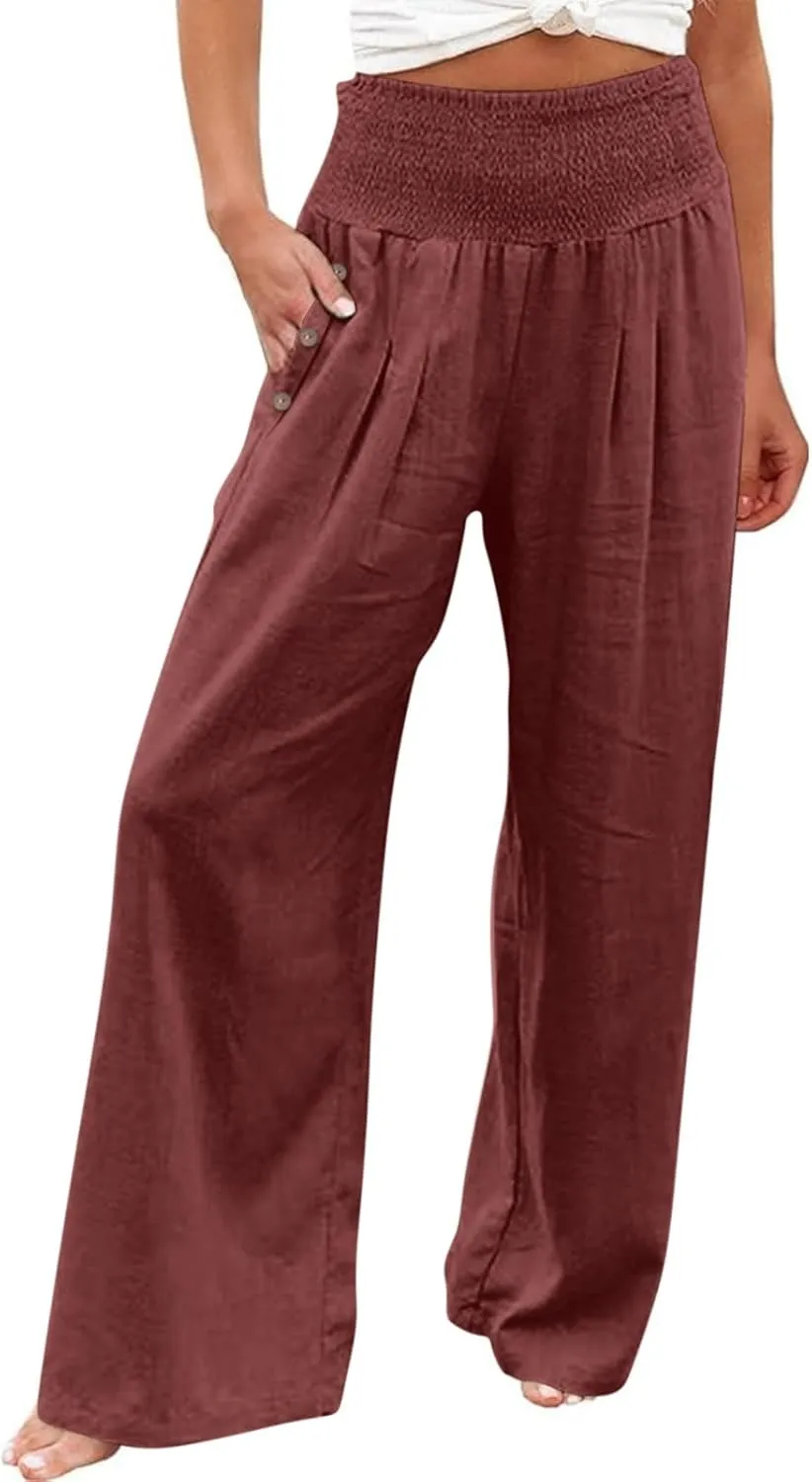 GOFULY Wide Leg Pants for Women Cotton Linen 2025 Summer Elastic Waist Palazzo Pants High Waisted Pocket Baggy Solid Clothes