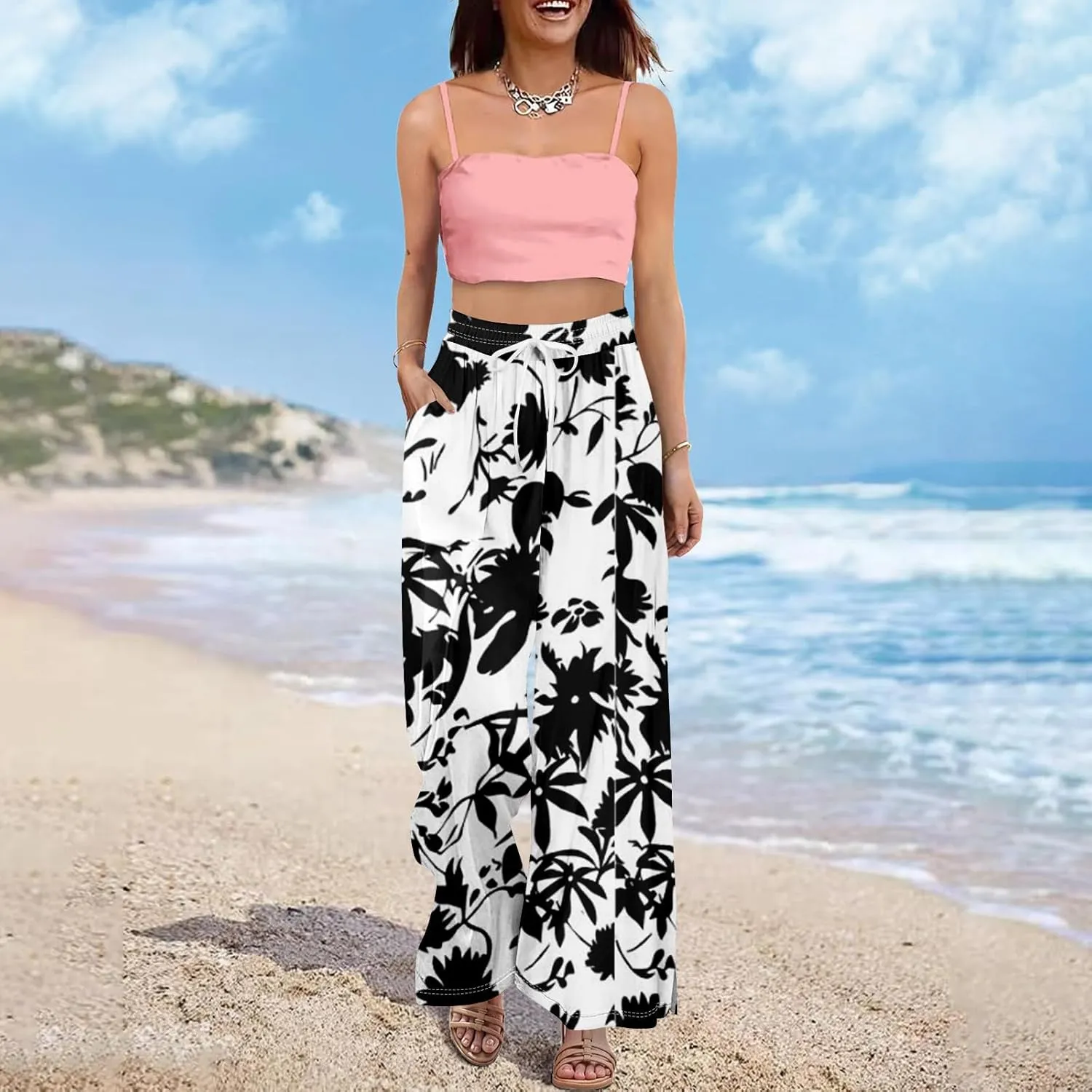GOFULY Wide Leg Pants for Women Summer Floral Print High Waistd Pants Elastic Waist Drawstring Side Slit Pockets Trousers