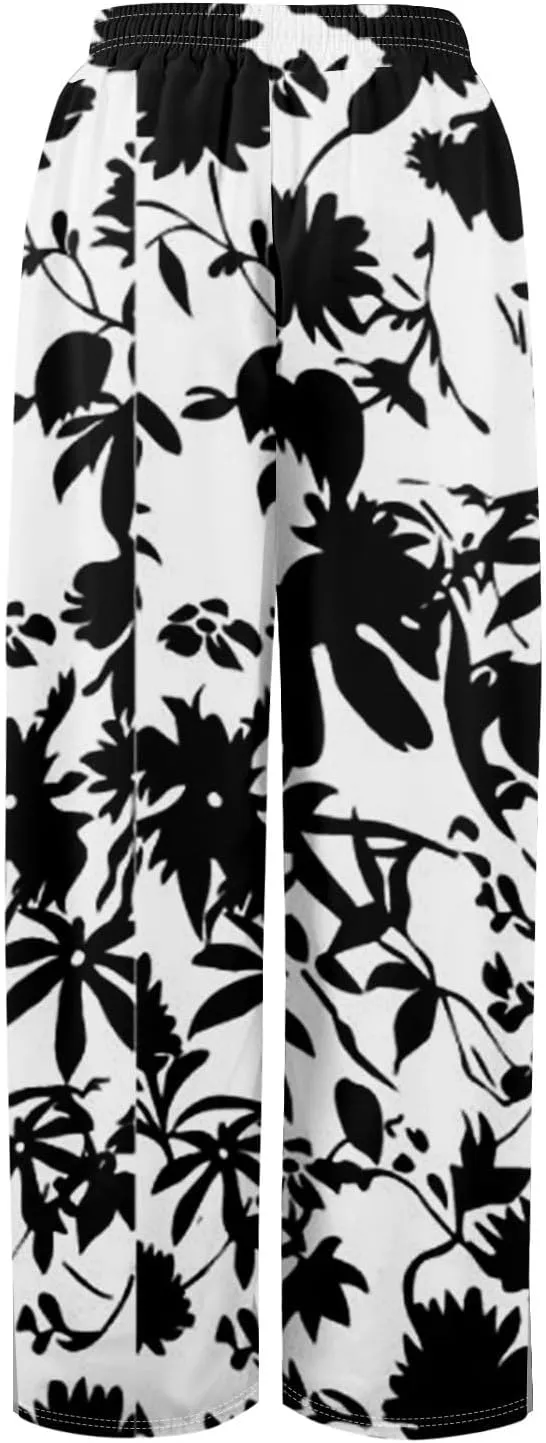GOFULY Wide Leg Pants for Women Summer Floral Print High Waistd Pants Elastic Waist Drawstring Side Slit Pockets Trousers