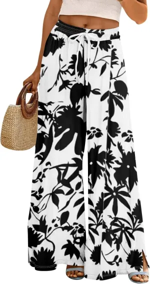 GOFULY Wide Leg Pants for Women Summer Floral Print High Waistd Pants Elastic Waist Drawstring Side Slit Pockets Trousers