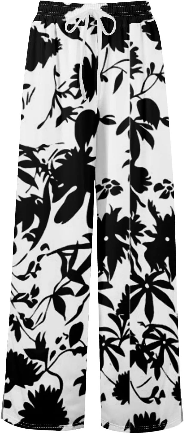 GOFULY Wide Leg Pants for Women Summer Floral Print High Waistd Pants Elastic Waist Drawstring Side Slit Pockets Trousers