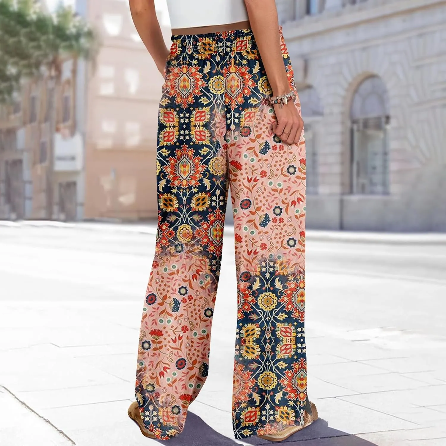 GOFULY Wide Leg Pants Women High Waisted Fall Floral Print Beach Pants Drawstring Elastic Waist Side Slit Pockets Trousers