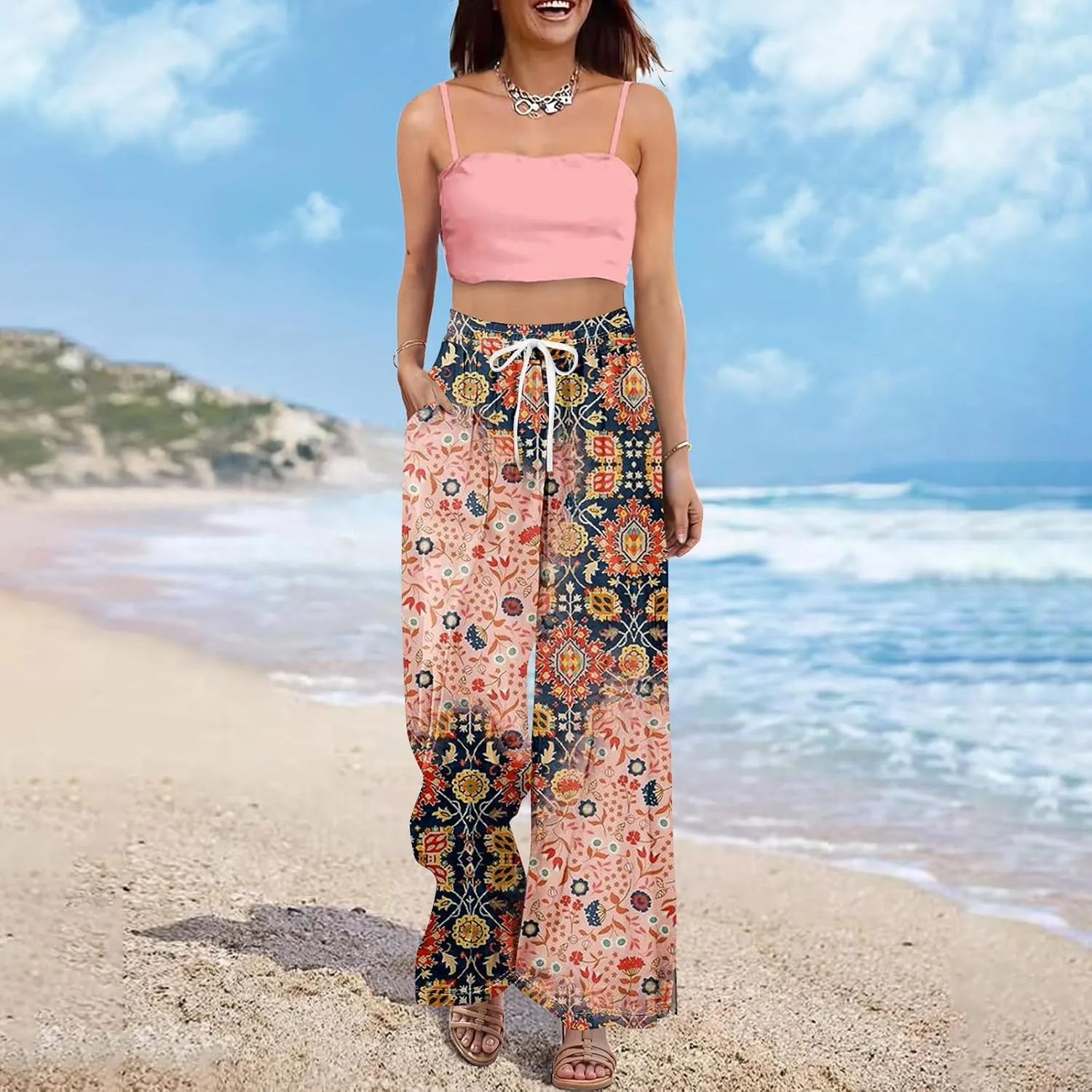 GOFULY Wide Leg Pants Women High Waisted Fall Floral Print Beach Pants Drawstring Elastic Waist Side Slit Pockets Trousers