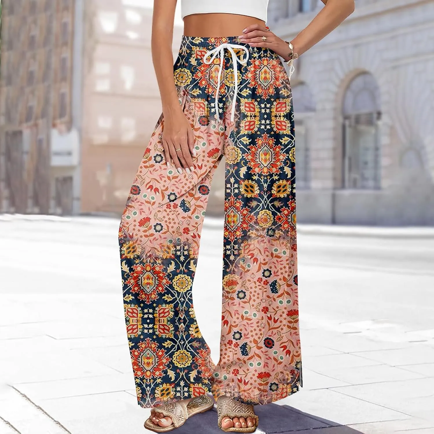 GOFULY Wide Leg Pants Women High Waisted Fall Floral Print Beach Pants Drawstring Elastic Waist Side Slit Pockets Trousers