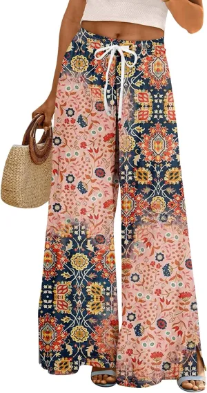 GOFULY Wide Leg Pants Women High Waisted Fall Floral Print Beach Pants Drawstring Elastic Waist Side Slit Pockets Trousers