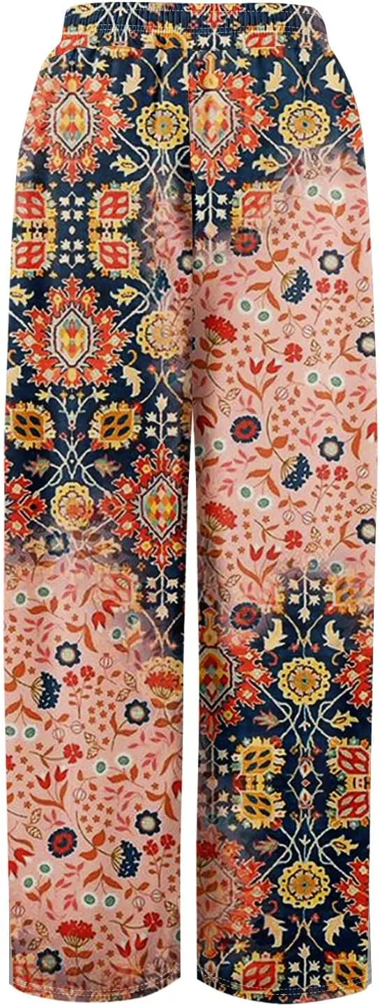 GOFULY Wide Leg Pants Women High Waisted Fall Floral Print Beach Pants Drawstring Elastic Waist Side Slit Pockets Trousers