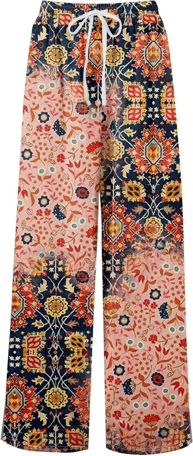 GOFULY Wide Leg Pants Women High Waisted Fall Floral Print Beach Pants Drawstring Elastic Waist Side Slit Pockets Trousers