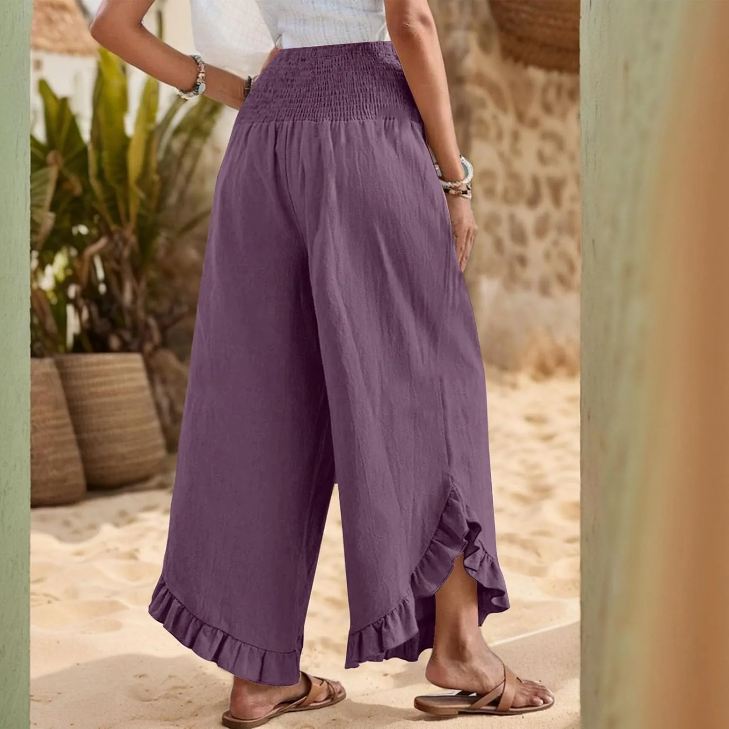 GOFULY Womens Pants Linen Wide Leg Summer Vacation High Waisted Palazzo Pants Elastic Waist Loose Solid Clothes with Pockets
