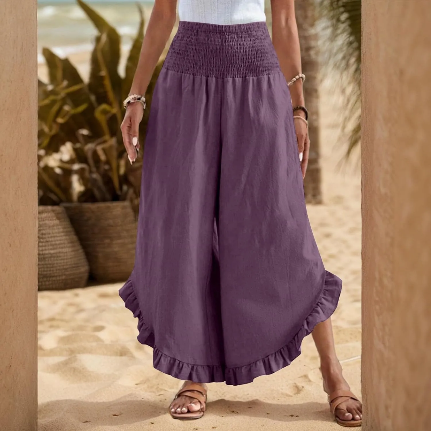 GOFULY Womens Pants Linen Wide Leg Summer Vacation High Waisted Palazzo Pants Elastic Waist Loose Solid Clothes with Pockets