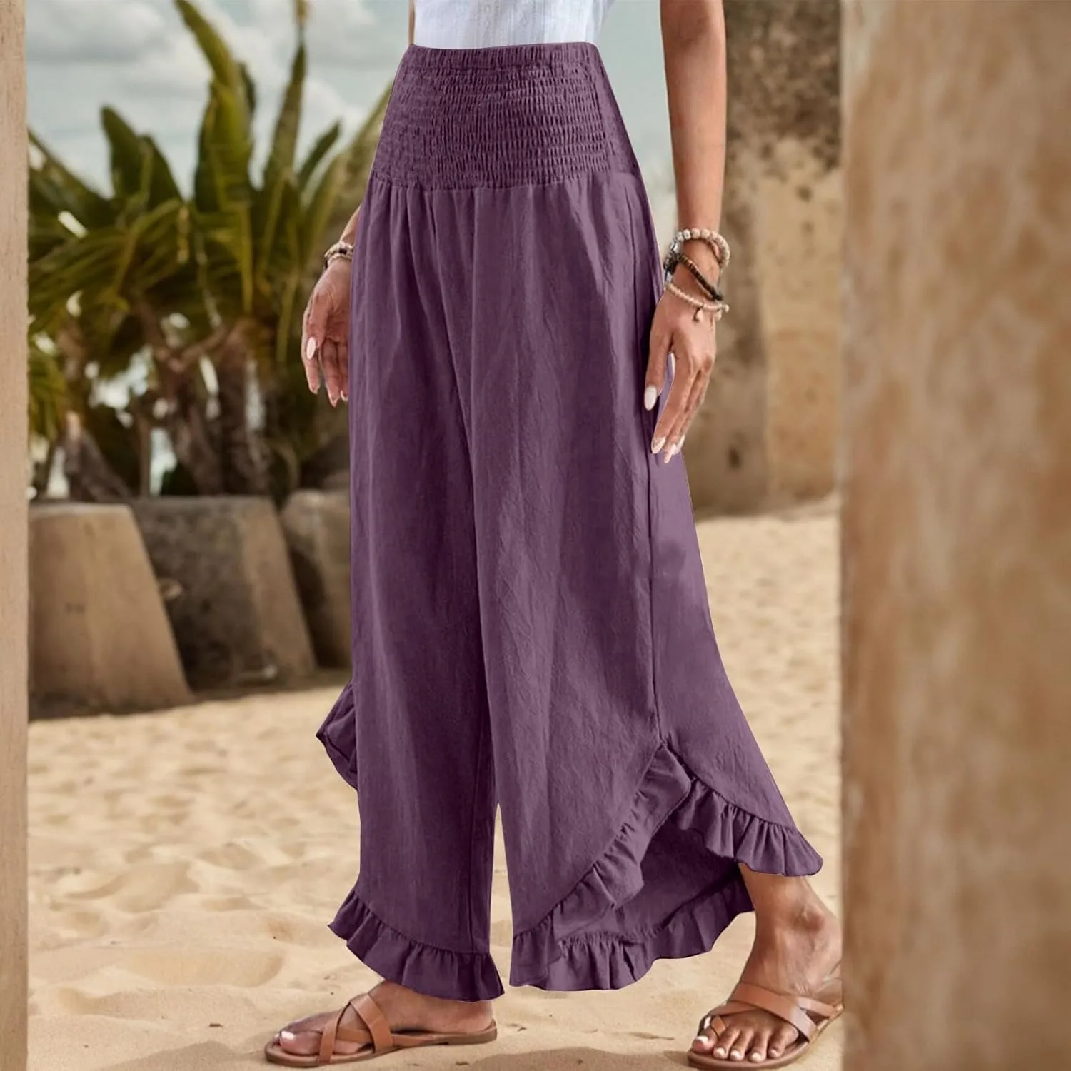 GOFULY Womens Pants Linen Wide Leg Summer Vacation High Waisted Palazzo Pants Elastic Waist Loose Solid Clothes with Pockets
