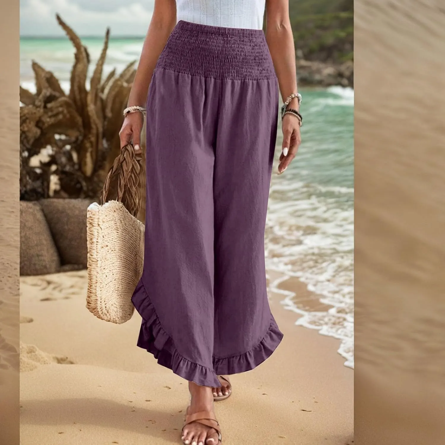 GOFULY Womens Pants Linen Wide Leg Summer Vacation High Waisted Palazzo Pants Elastic Waist Loose Solid Clothes with Pockets