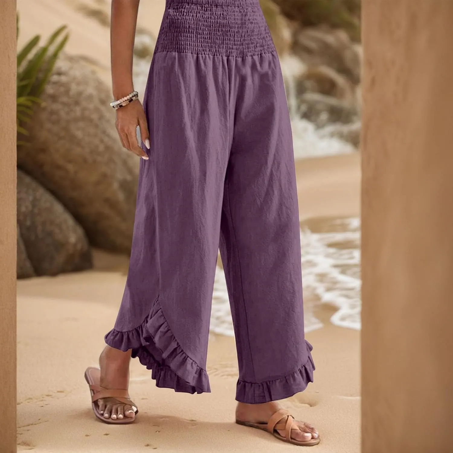GOFULY Womens Pants Linen Wide Leg Summer Vacation High Waisted Palazzo Pants Elastic Waist Loose Solid Clothes with Pockets