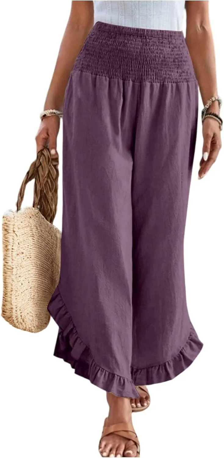 GOFULY Womens Pants Linen Wide Leg Summer Vacation High Waisted Palazzo Pants Elastic Waist Loose Solid Clothes with Pockets