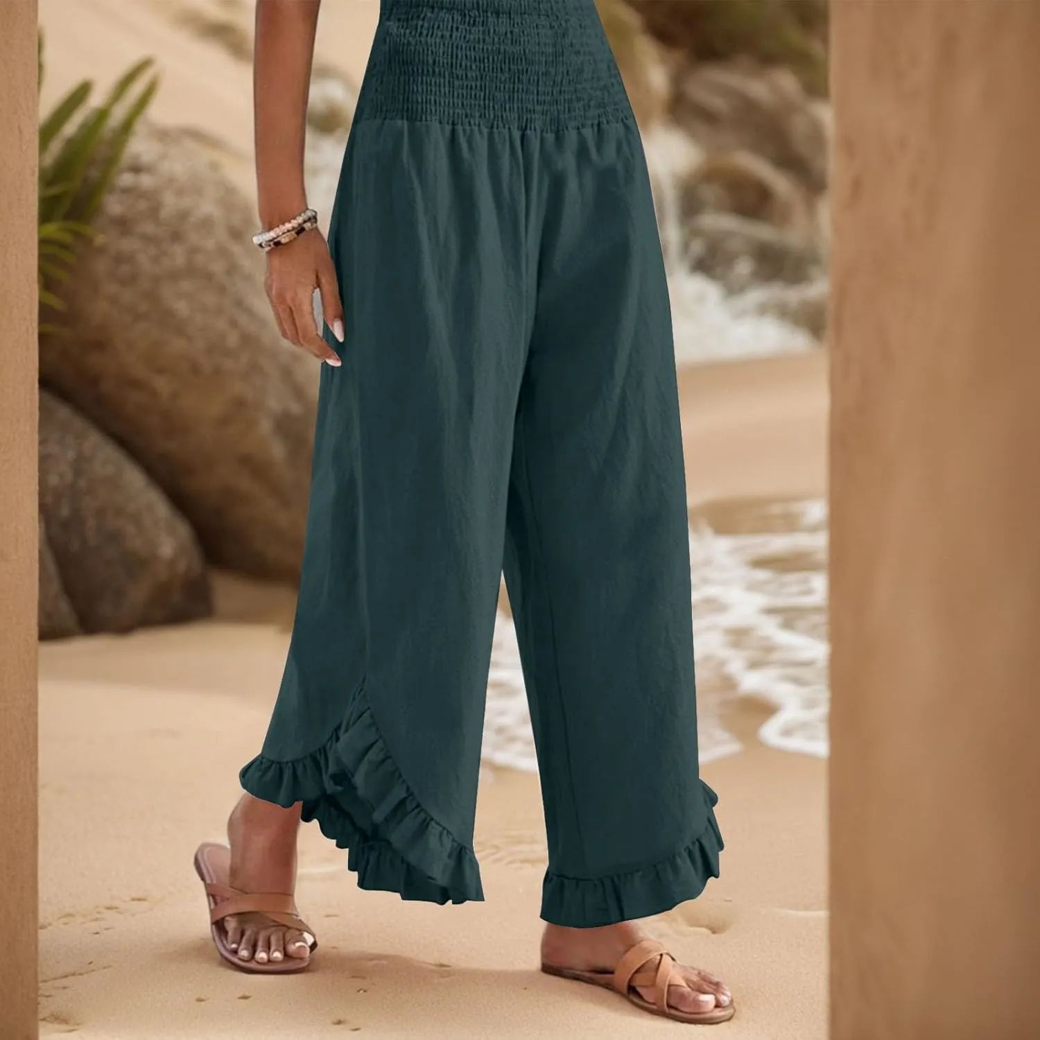 GOFULY Womens Wide Leg Pants Cotton Linen Vacation Summer Elastic Waist Pants High Waisted 2025 Pockets Cropped Solid Trouser