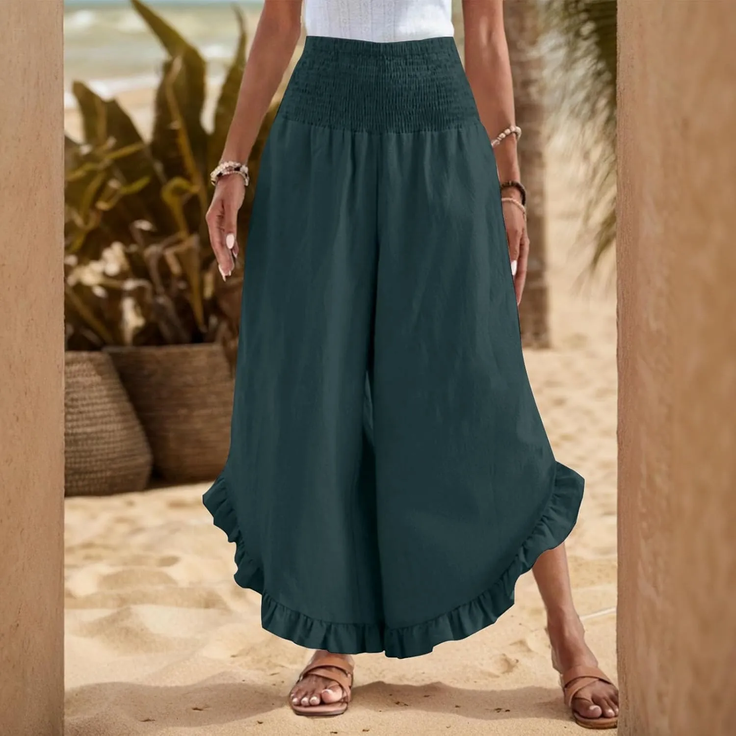 GOFULY Womens Wide Leg Pants Cotton Linen Vacation Summer Elastic Waist Pants High Waisted 2025 Pockets Cropped Solid Trouser