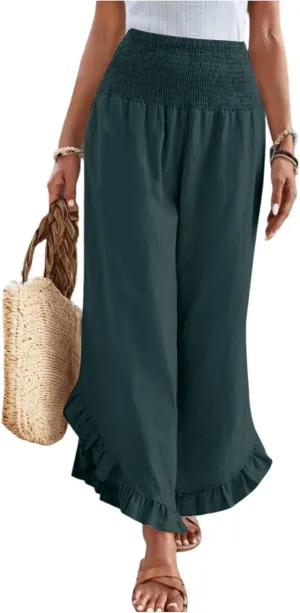 GOFULY Womens Wide Leg Pants Cotton Linen Vacation Summer Elastic Waist Pants High Waisted 2025 Pockets Cropped Solid Trouser