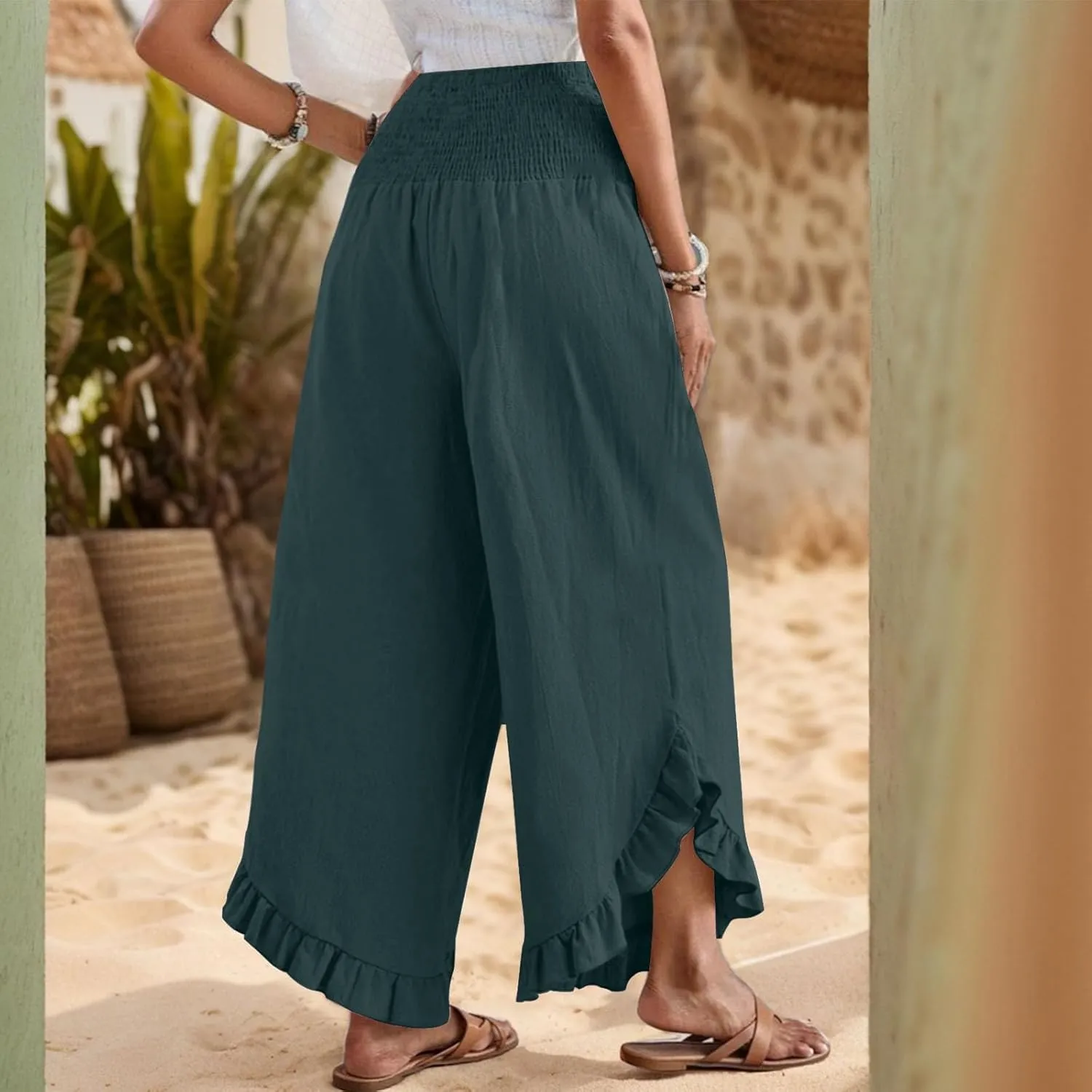 GOFULY Womens Wide Leg Pants Cotton Linen Vacation Summer Elastic Waist Pants High Waisted 2025 Pockets Cropped Solid Trouser