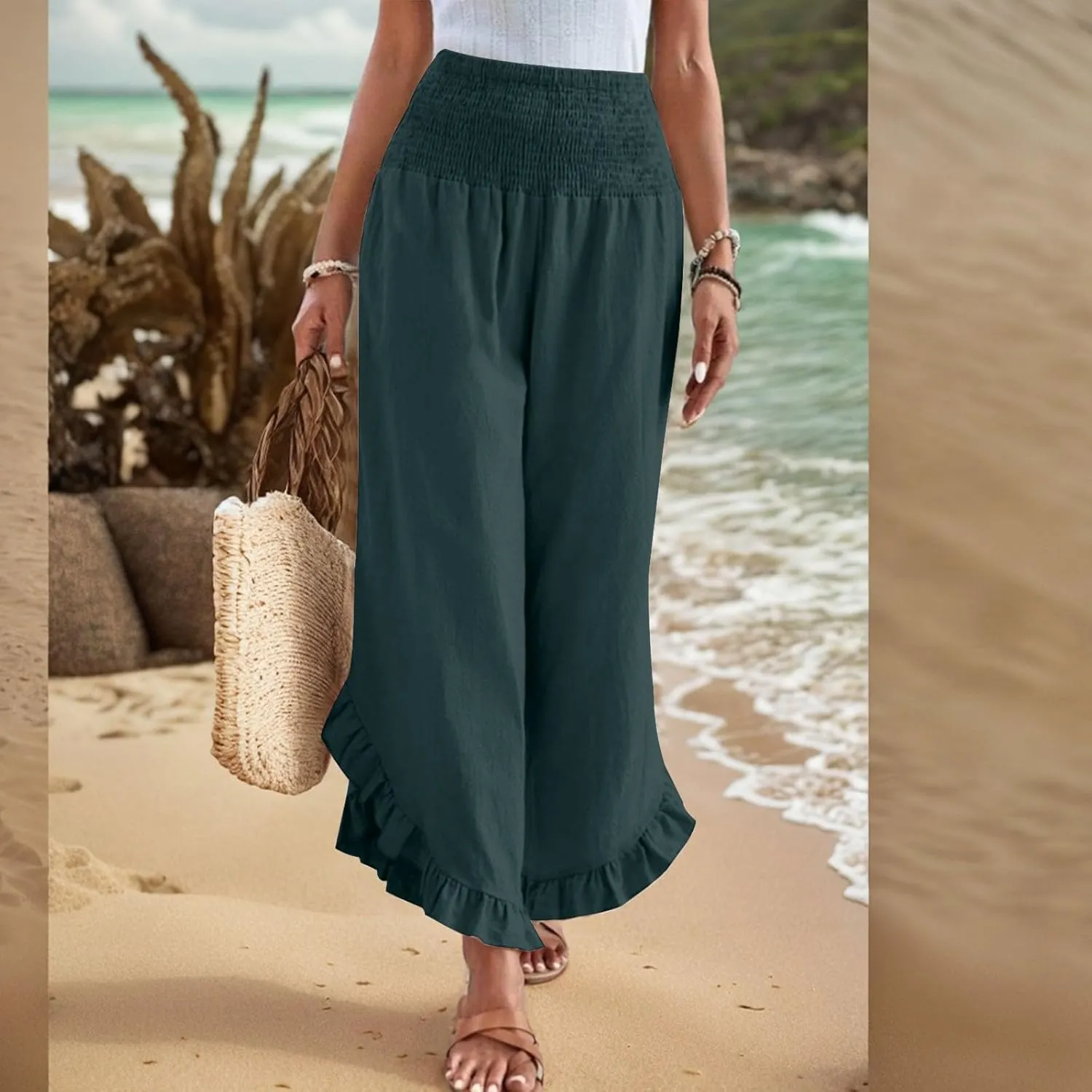 GOFULY Womens Wide Leg Pants Cotton Linen Vacation Summer Elastic Waist Pants High Waisted 2025 Pockets Cropped Solid Trouser