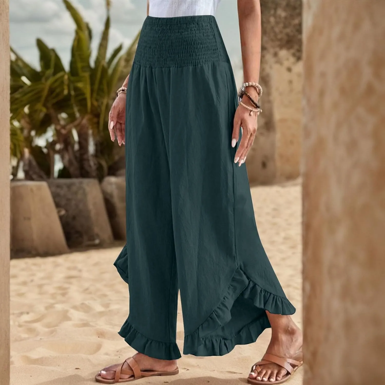 GOFULY Womens Wide Leg Pants Cotton Linen Vacation Summer Elastic Waist Pants High Waisted 2025 Pockets Cropped Solid Trouser