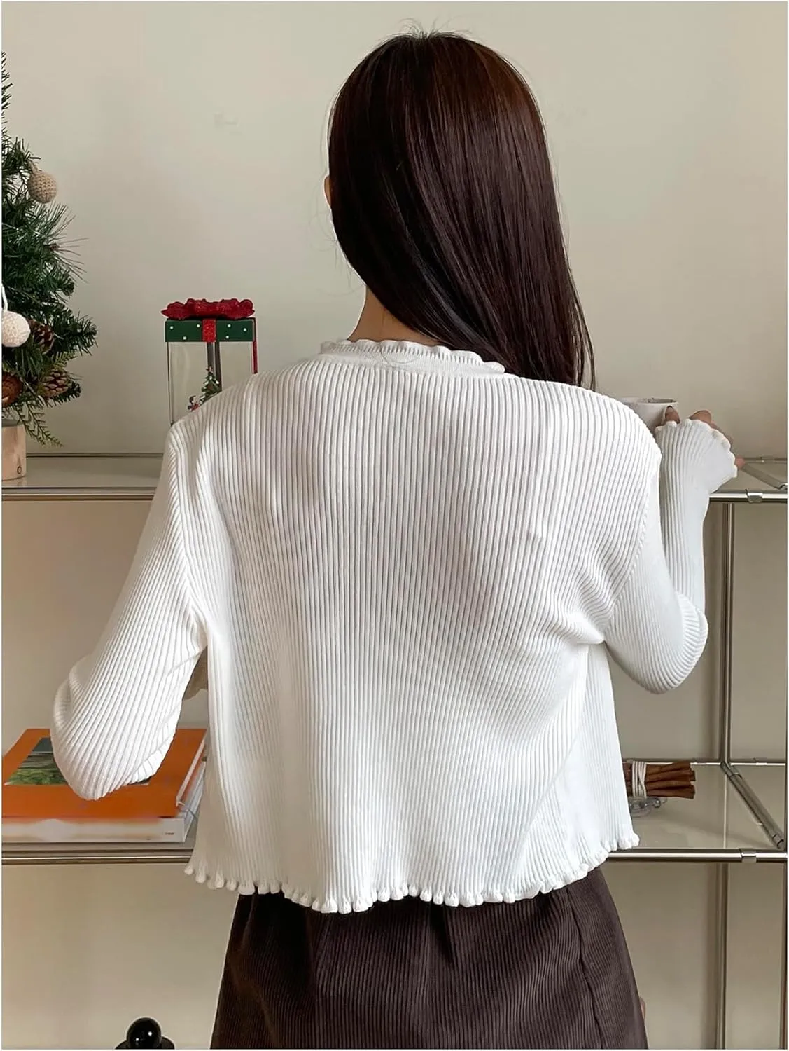 GORGLITTER Women's Knit Cardigan Frill Trim Button Down Crew Neck Cropped Sweater Cardigan
