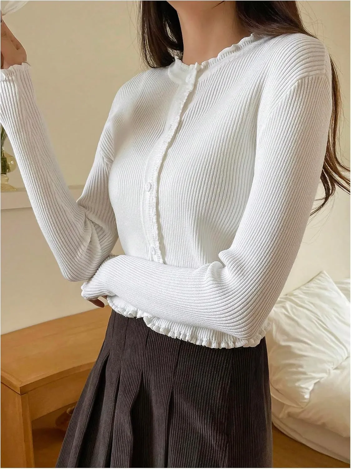 GORGLITTER Women's Knit Cardigan Frill Trim Button Down Crew Neck Cropped Sweater Cardigan