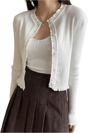 GORGLITTER Women's Knit Cardigan Frill Trim Button Down Crew Neck Cropped Sweater Cardigan