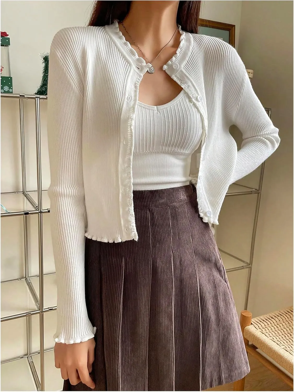 GORGLITTER Women's Knit Cardigan Frill Trim Button Down Crew Neck Cropped Sweater Cardigan