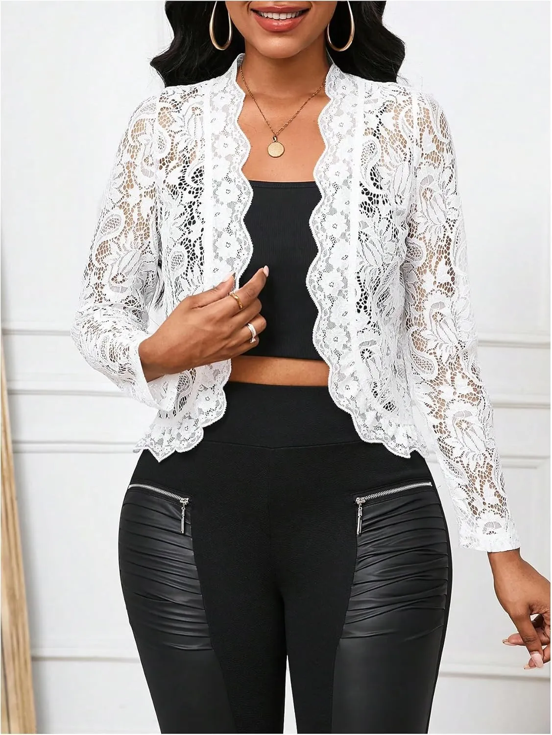 GORGLITTER Women's Sheer Lace Jacket Blazer Long Sleeve Open Front See Through Jackets