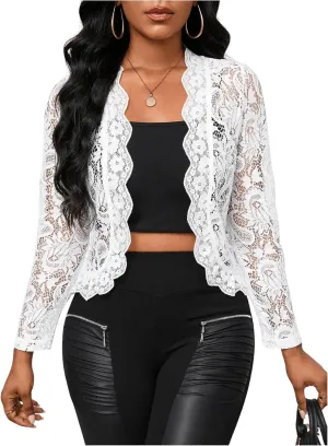 GORGLITTER Women's Sheer Lace Jacket Blazer Long Sleeve Open Front See Through Jackets