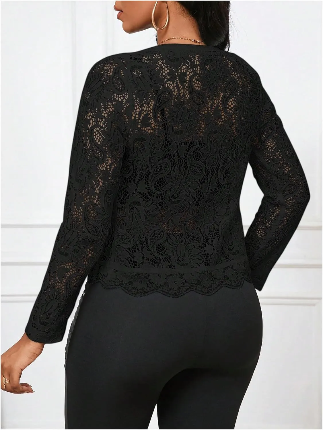 GORGLITTER Women's Sheer Lace Jacket Blazer Long Sleeve Open Front See Through Jackets