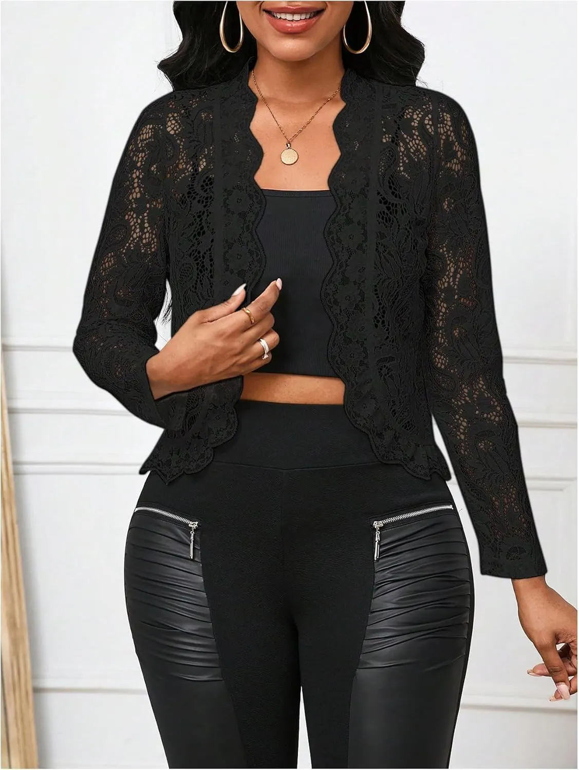 GORGLITTER Women's Sheer Lace Jacket Blazer Long Sleeve Open Front See Through Jackets