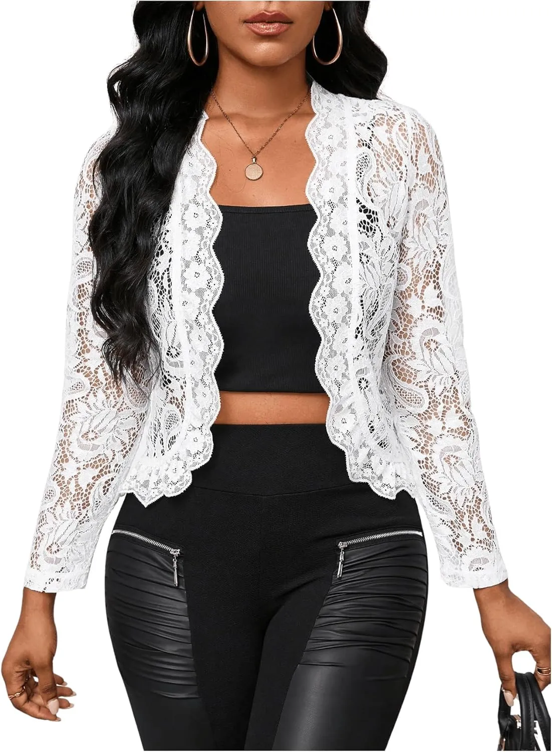 GORGLITTER Women's Sheer Lace Jacket Blazer Long Sleeve Open Front See Through Jackets