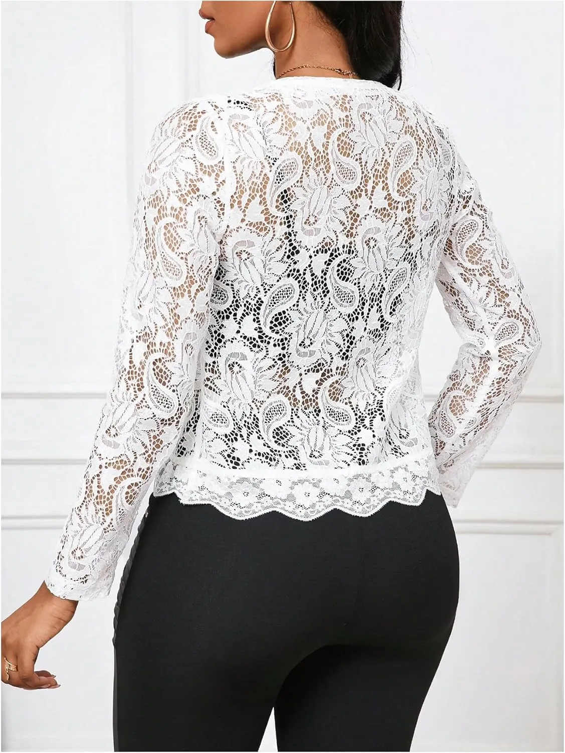 GORGLITTER Women's Sheer Lace Jacket Blazer Long Sleeve Open Front See Through Jackets