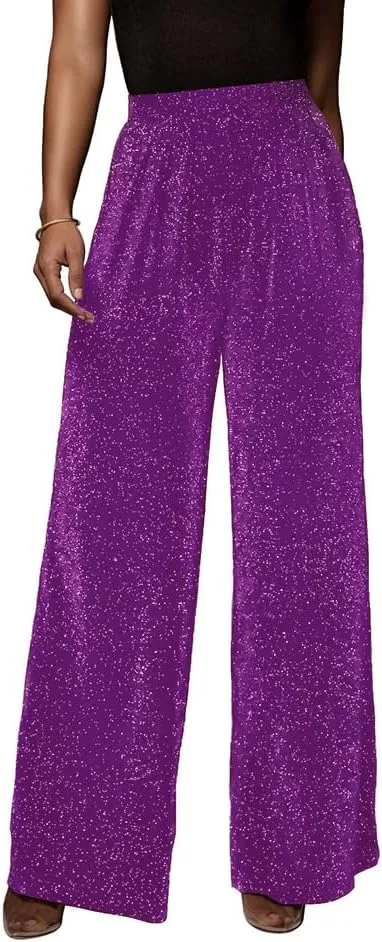 GUOLEZEEV Women High Elastic Waist Wide Leg Palazzo Pants Casual Loose Long Pant Trouser
