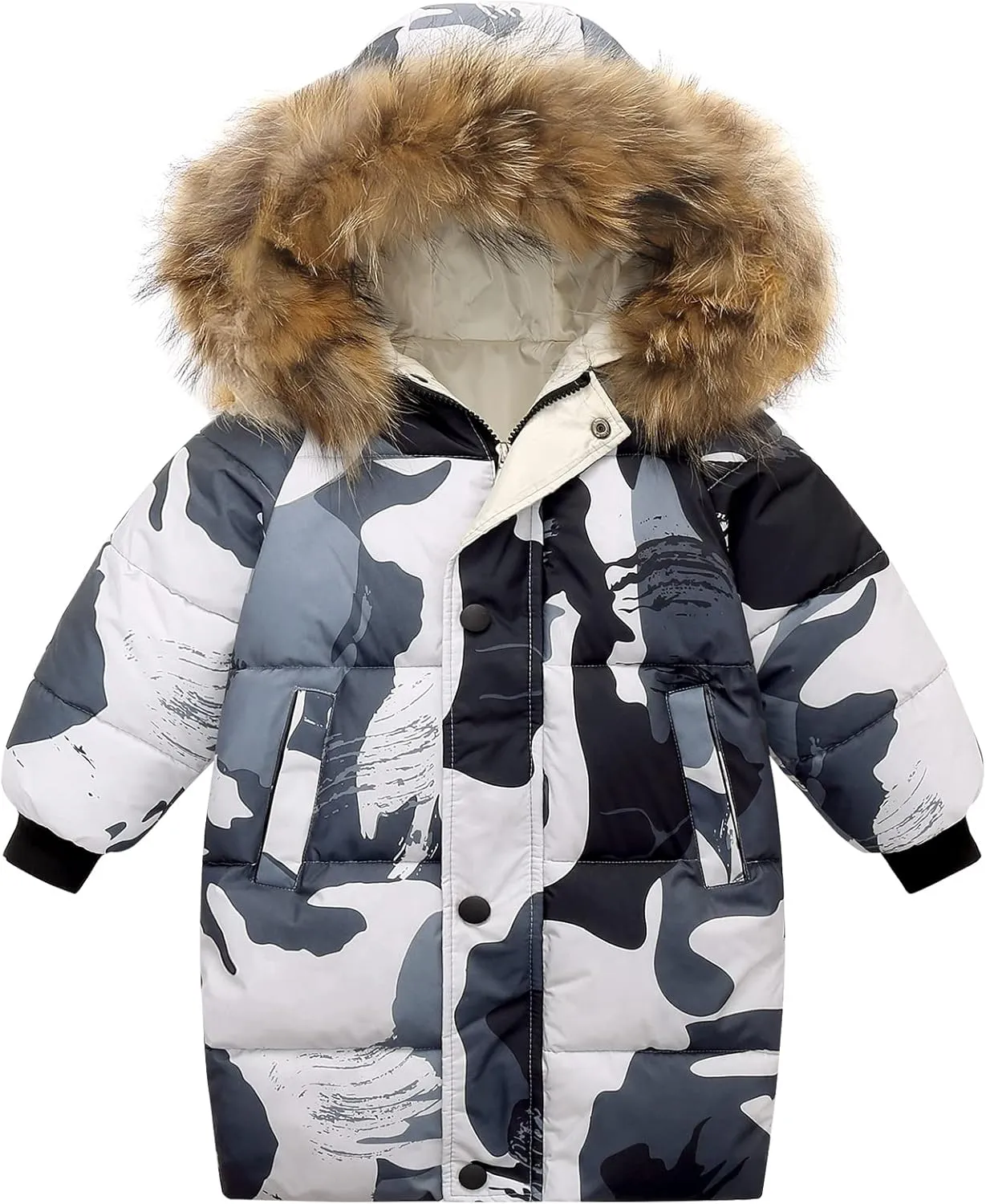 Happy Cherry Baby Boy Girls Winter Down Jacket Warm Cute Casual Outwear Coats with Fur Hood Snow Outdoor Warmth Clothing Outfits