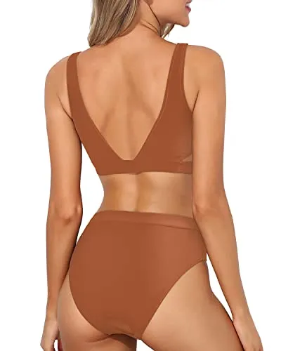 High Leg Bikini Sets For Women 2 Piece High Waisted Sport Swimsuit-Brown