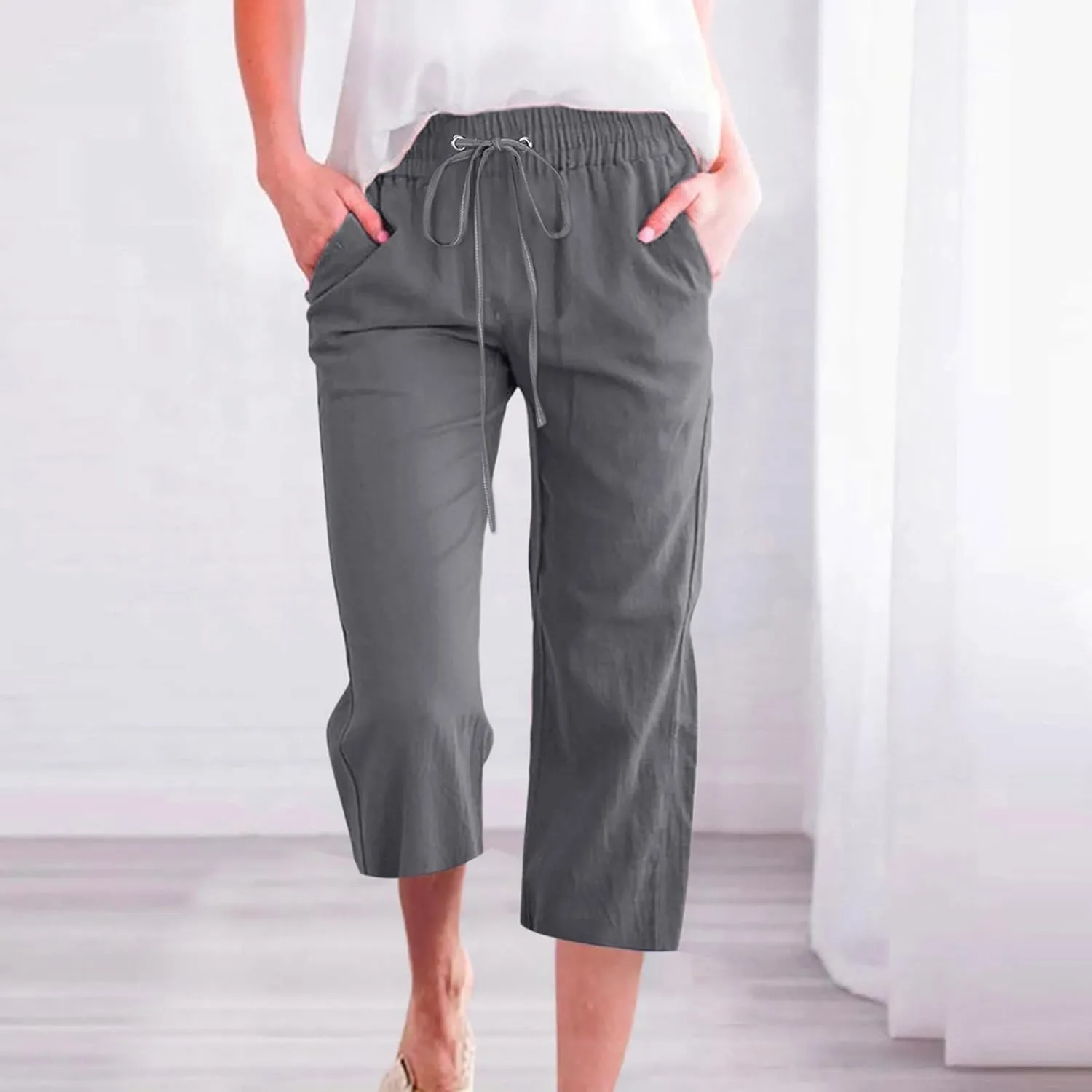 High Waist Cotton Linen Capri Pants for Women Straight Leg Elastic Drawstring 3/4 Shorts Breathable Summer Beach Yoga Pant