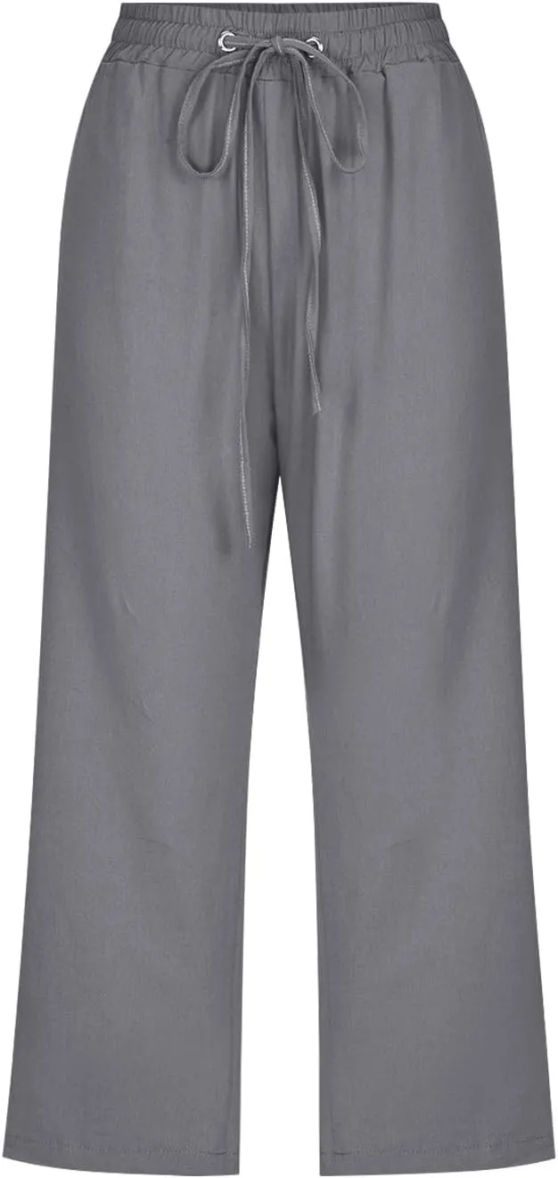 High Waist Cotton Linen Capri Pants for Women Straight Leg Elastic Drawstring 3/4 Shorts Breathable Summer Beach Yoga Pant