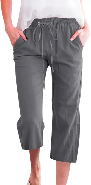 High Waist Cotton Linen Capri Pants for Women Straight Leg Elastic Drawstring 3/4 Shorts Breathable Summer Beach Yoga Pant