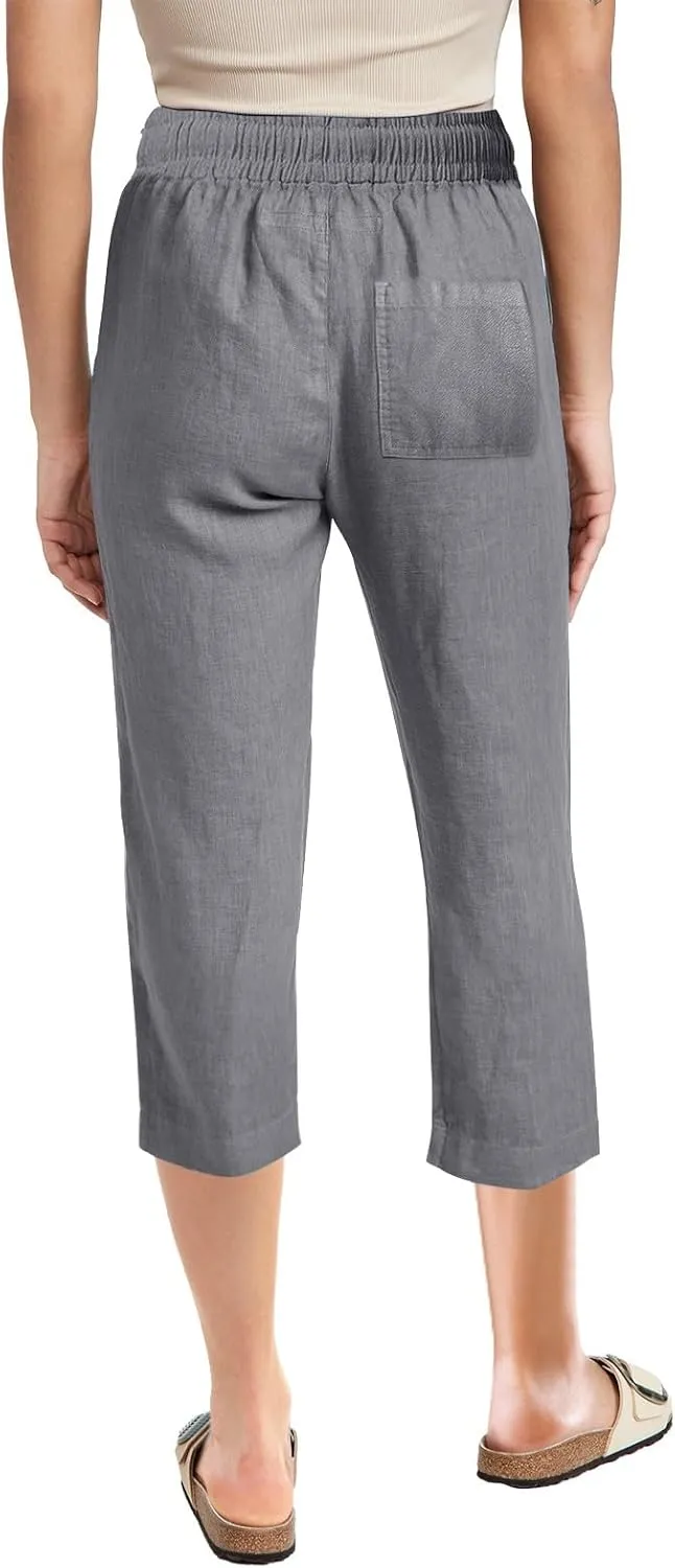 High Waist Cotton Linen Capri Pants for Women Straight Leg Elastic Drawstring 3/4 Shorts Breathable Summer Beach Yoga Pant