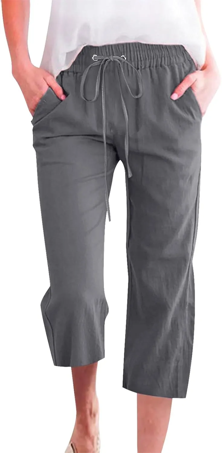 High Waist Cotton Linen Capri Pants for Women Straight Leg Elastic Drawstring 3/4 Shorts Breathable Summer Beach Yoga Pant