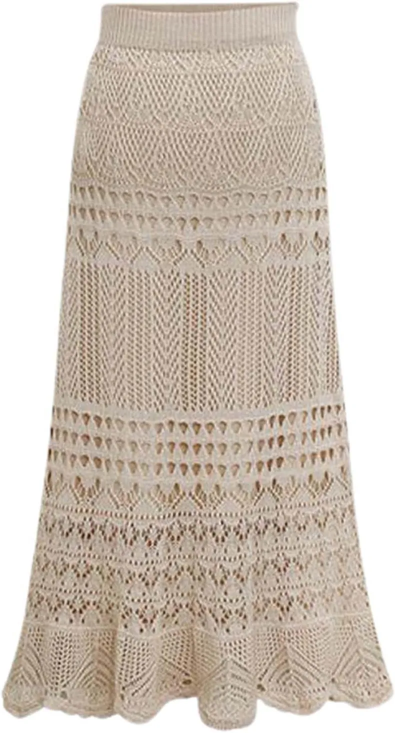 High Waist Lace Hollow Knitted Midi Skirt for Women Elegant Bodycon Half Skirt Perfect for Spring and Summer