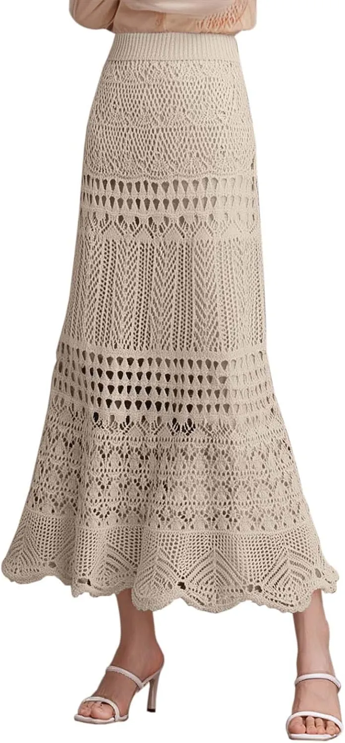 High Waist Lace Hollow Knitted Midi Skirt for Women Elegant Bodycon Half Skirt Perfect for Spring and Summer