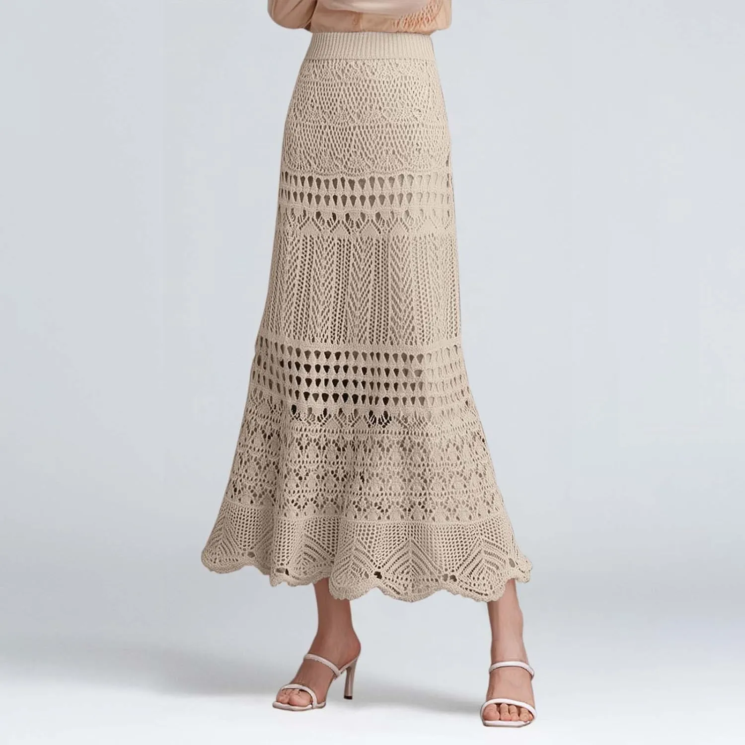 High Waist Lace Hollow Knitted Midi Skirt for Women Elegant Bodycon Half Skirt Perfect for Spring and Summer
